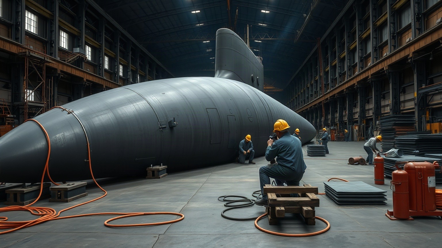 A submarine pressure-hull section on keel blocks inside a Navy shipbuilding hall. Huntington Ingalls' quarter turned on a simpler question than demand: whether enough welders can be hired and trained to build the boats already under contract.