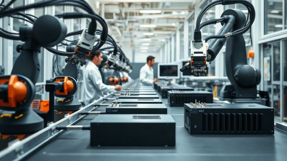 Robotic arms assembling server components on a bright automated line inside a modern electronics factory. Photo: The Signal / AI-generated.