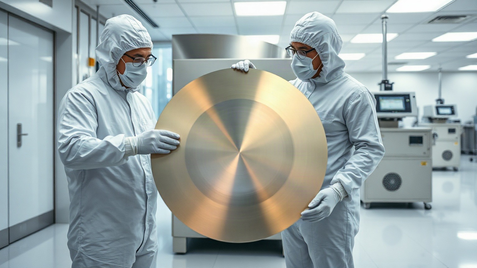 Two engineers in full cleanroom suits lean over an open wafer carrier, inspecting a 300-millimeter quantum wafer under the pale blue light of the Albany fab. Photo: The Signal / AI-generated.