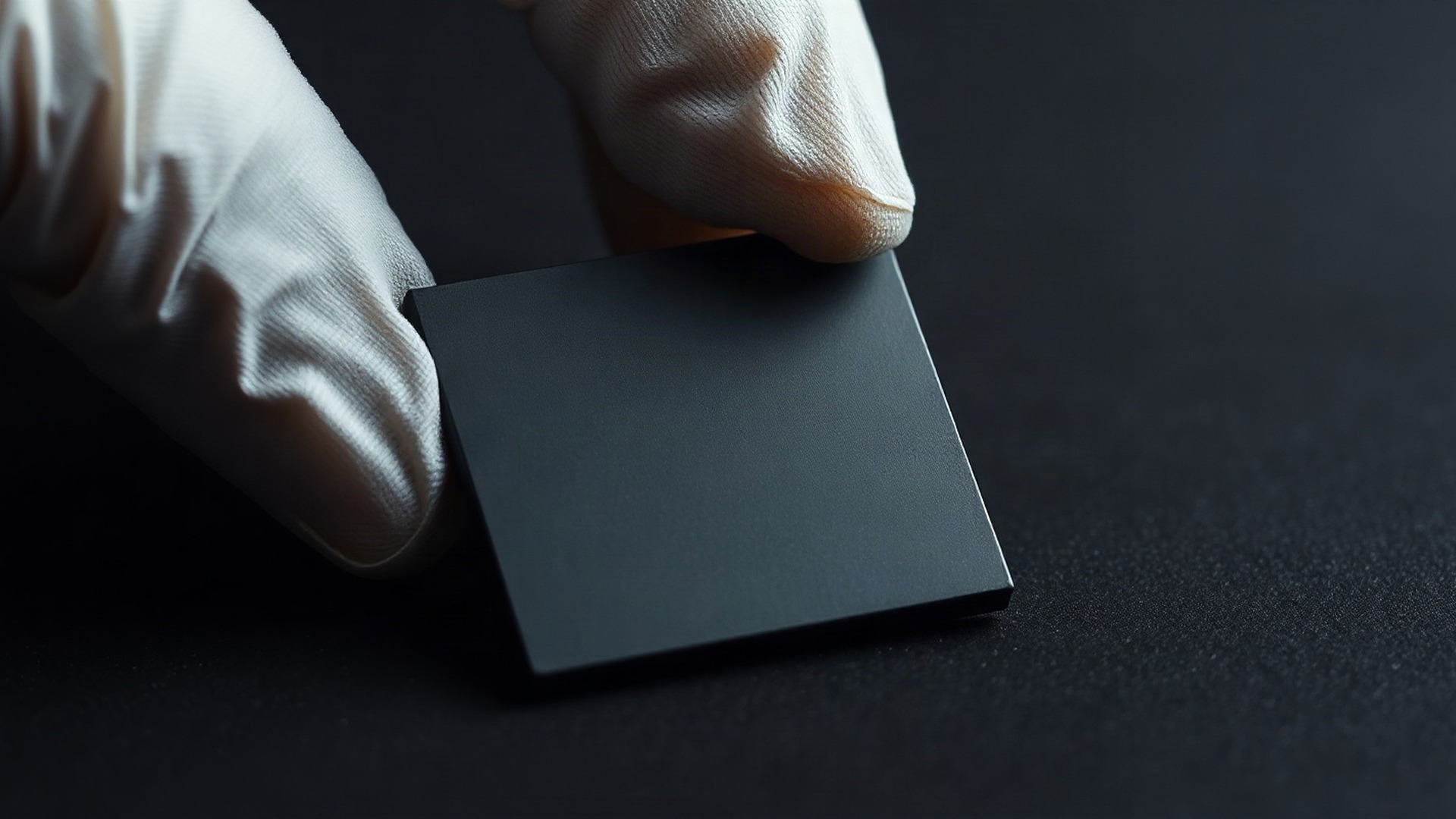 A bare microprocessor chip held in a technician's gloved fingertips above a dark anti-static work mat. Photo: The Signal / AI-generated.