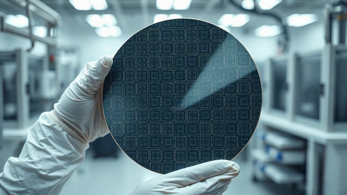 A photo-realistic close-up of a silicon wafer patterned with memory dies in a semiconductor cleanroom. Photo: The Signal / AI-generated.