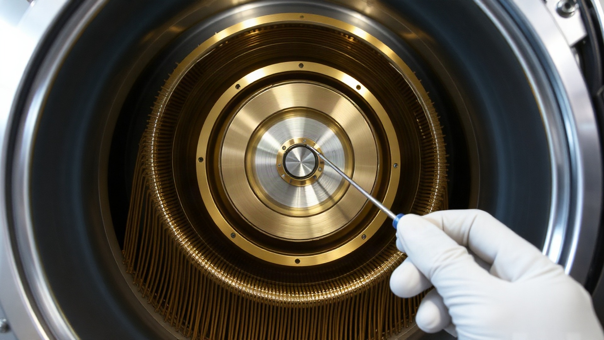 The gold-plated wiring stack inside a dilution refrigerator. Photo: The Signal / AI-generated.