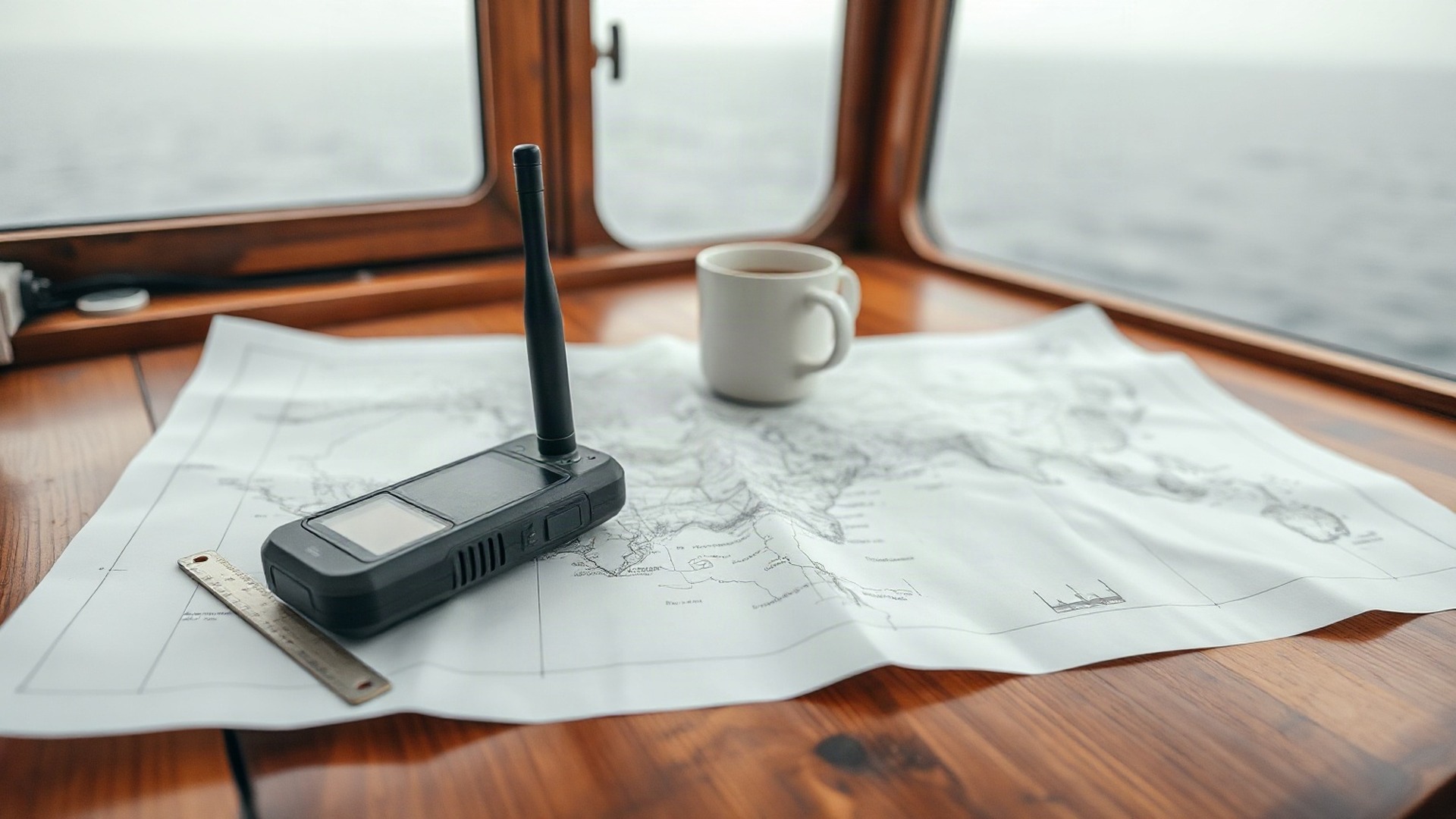 A satellite phone and paper charts on a working ship's bridge: the customer Iridium's L-band network was built for, and the address Rocket Lab is buying. Photo: The Signal / AI-generated.