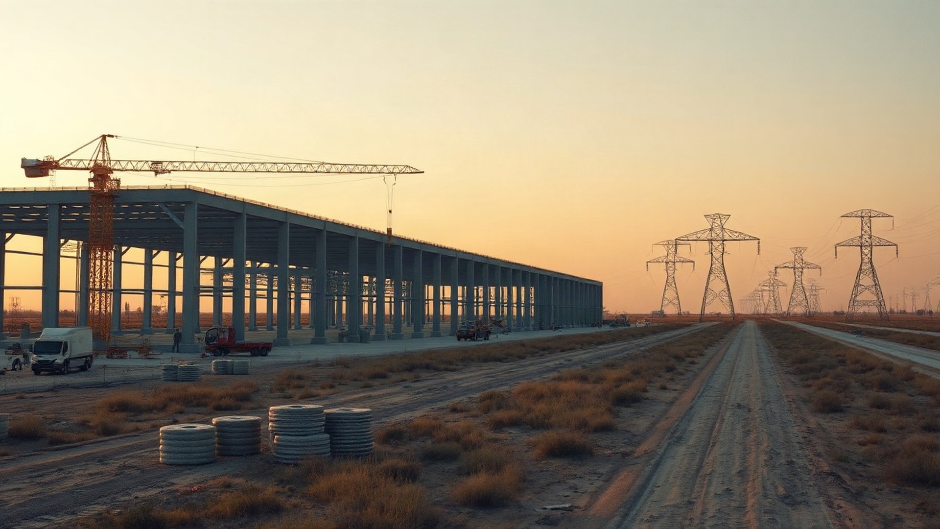 A rural Texas AI data-center campus mid-construction at golden hour — an unfinished industrial shell with exposed steel, a tower crane, high-voltage lattice towers marching to a flat horizon, and two workers in high-visibility vests and hard hats walking the haul road. Photo: The Signal / AI-generated.