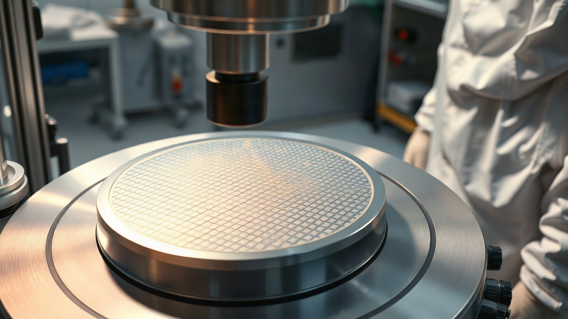 A round mirror-polished silicon wafer sits on an inspection stage beneath an optical inspection head, a cleanroom engineer in a white bunny suit, hood and face shield standing beside the tool. Photo: The Signal / AI-generated.