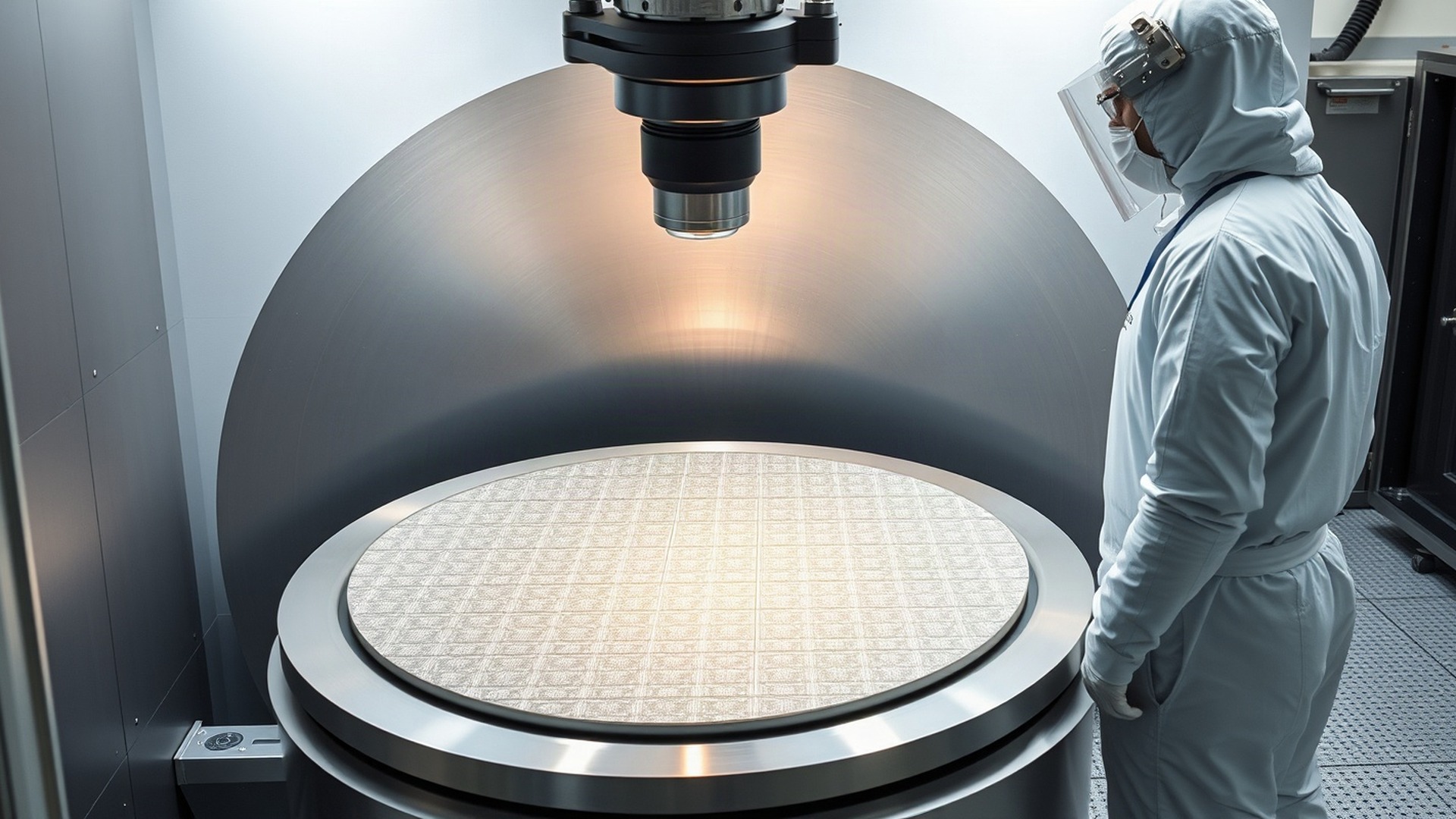 An engineer in a cleanroom suit inspects a 300mm silicon wafer at a process-control tool. KLA builds the inspection and metrology systems that check every layer of an AI chip. Photo: The Signal / AI-generated.
