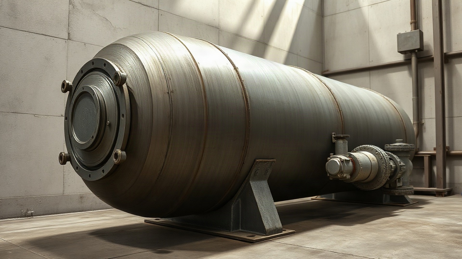 A uranium hexafluoride transport cylinder waiting in a plant room. Centrus is the only company in the Western world licensed to turn that feedstock into the HALEU that advanced reactors and AI data centres need. Photo: The Signal / AI-generated.