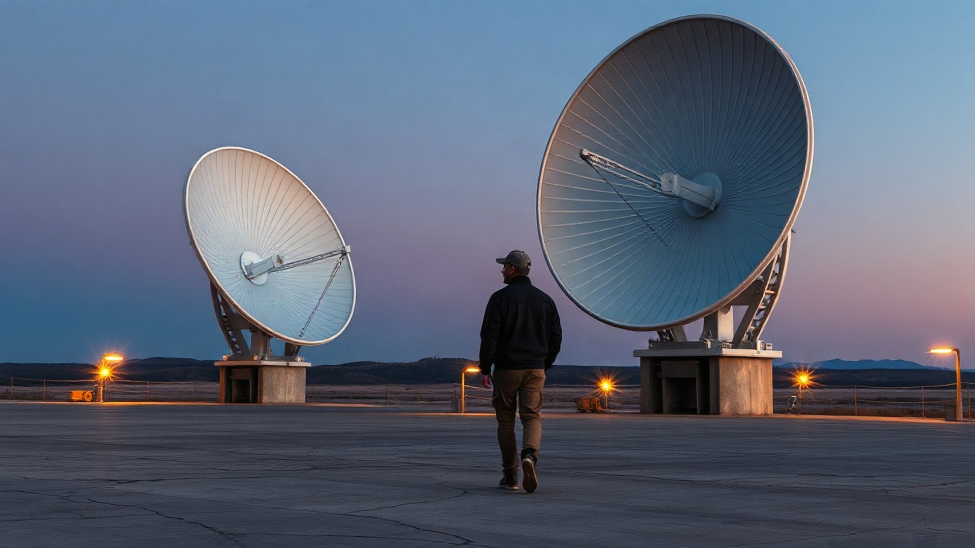 Two large parabolic tracking antennas stand on concrete pedestals at a remote satellite-tracking ground station at dusk, with a lone technician walking the apron between them as desert scrub and a dark mountain ridge sit on the horizon. Photo: The Signal / AI-generated.