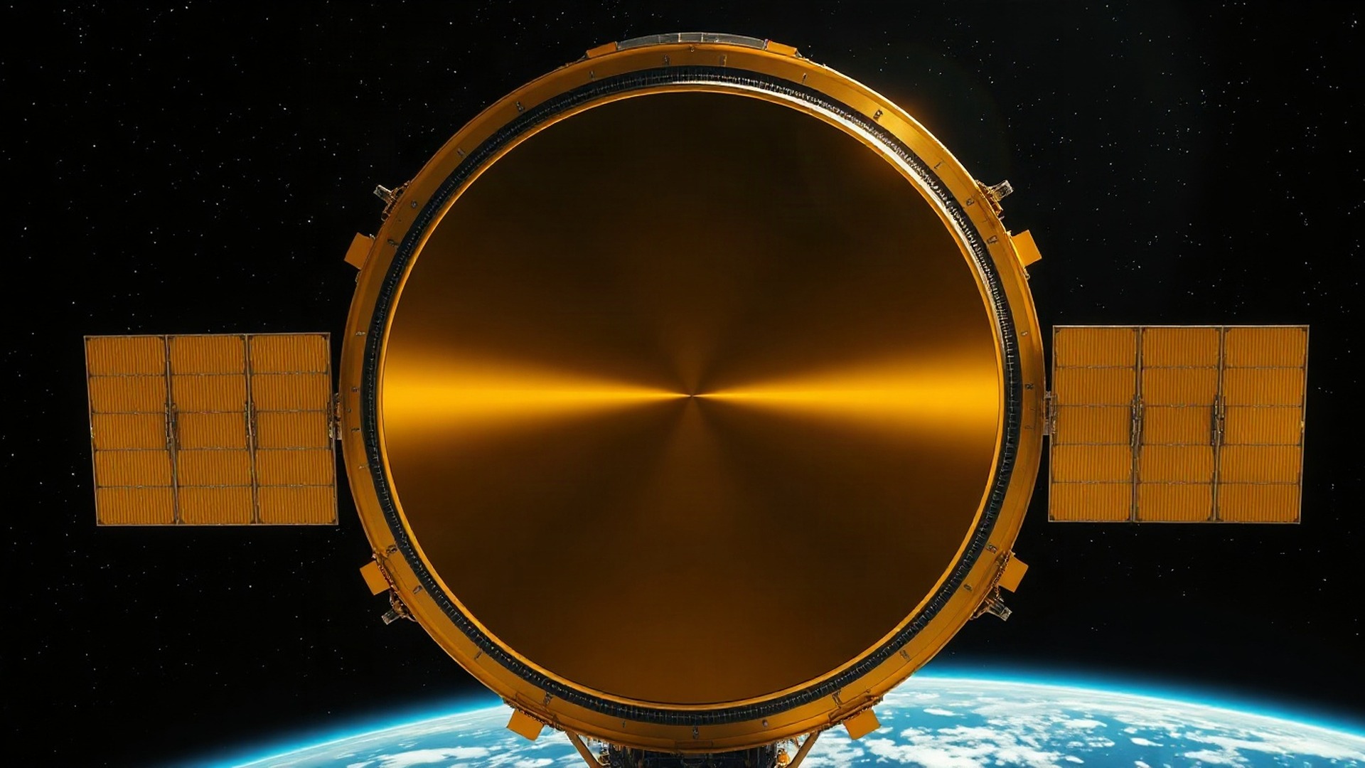 A photo-realistic view of the Roman Space Telescope in orbit high above Earth, its golden solar panels and sunshield gleaming against the black of space, the blue curve of the planet far below. Photo: The Signal / AI-generated.