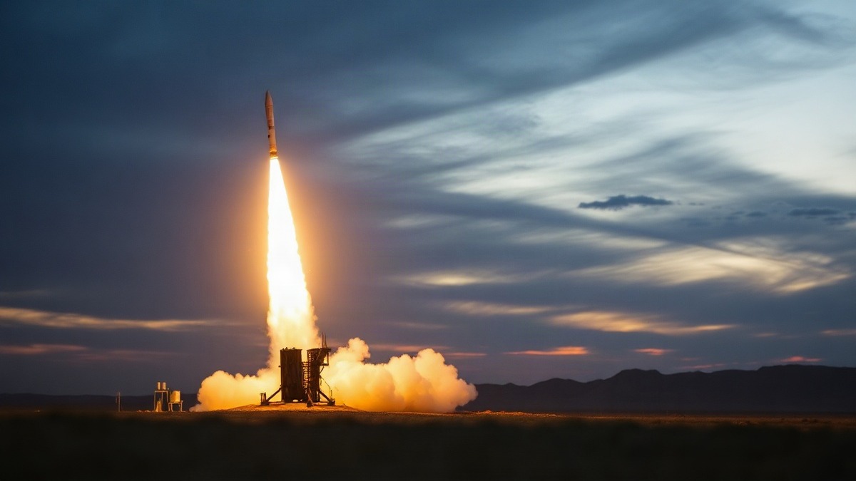A photo-realistic view of a ground-based missile interceptor launching at dawn over a desert launch site, bright exhaust plume cutting through a dramatic sky. Photo: The Signal / AI-generated.