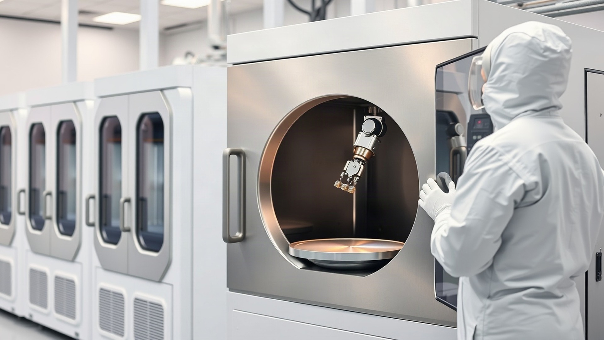 A wafer-handling robot lifts a 300mm silicon wafer inside a semiconductor cleanroom. Lam Research builds the deposition and etch tools that add and carve the layers inside AI memory and logic chips. Photo: The Signal / AI-generated.