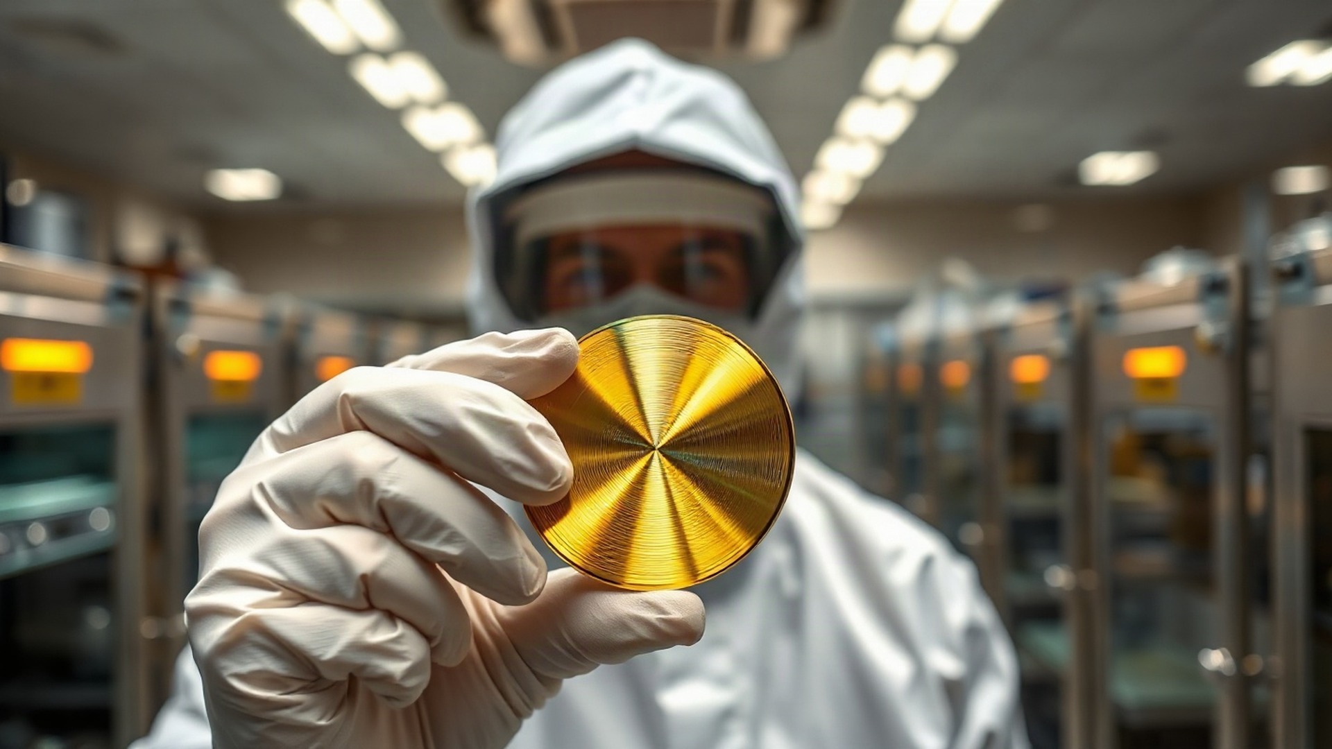 A technician in a full cleanroom suit holds a gold-mirrored indium phosphide laser wafer under the amber lighting of a photonics fab, the machines blurred behind. Photo: The Signal / AI-generated.