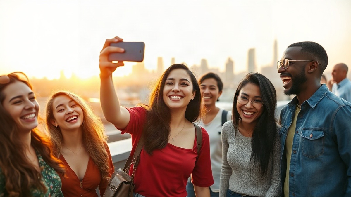 Golden-hour rooftop scene of young friends laughing together, one woman holding up a smartphone for a candid group selfie, city skyline blurred behind them. Photo: The Signal / AI-generated.