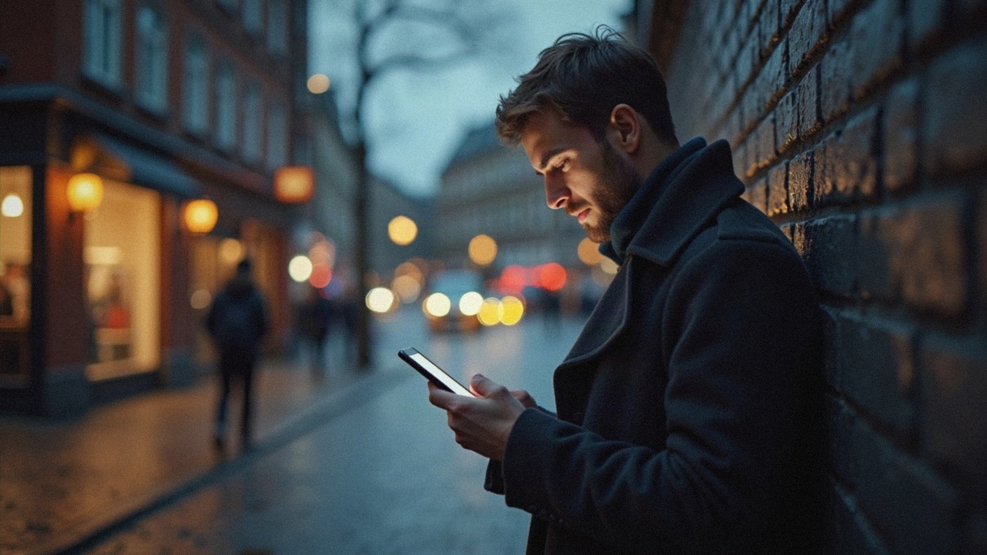 A man checks his phone on a city street at dusk. Meta sells roughly 98% of its revenue as advertising inside the apps on that screen, while guiding 2026 capital spending to $130-145 billion with no commercial cloud to rent the compute back out. Photo: The Signal / AI-generated.