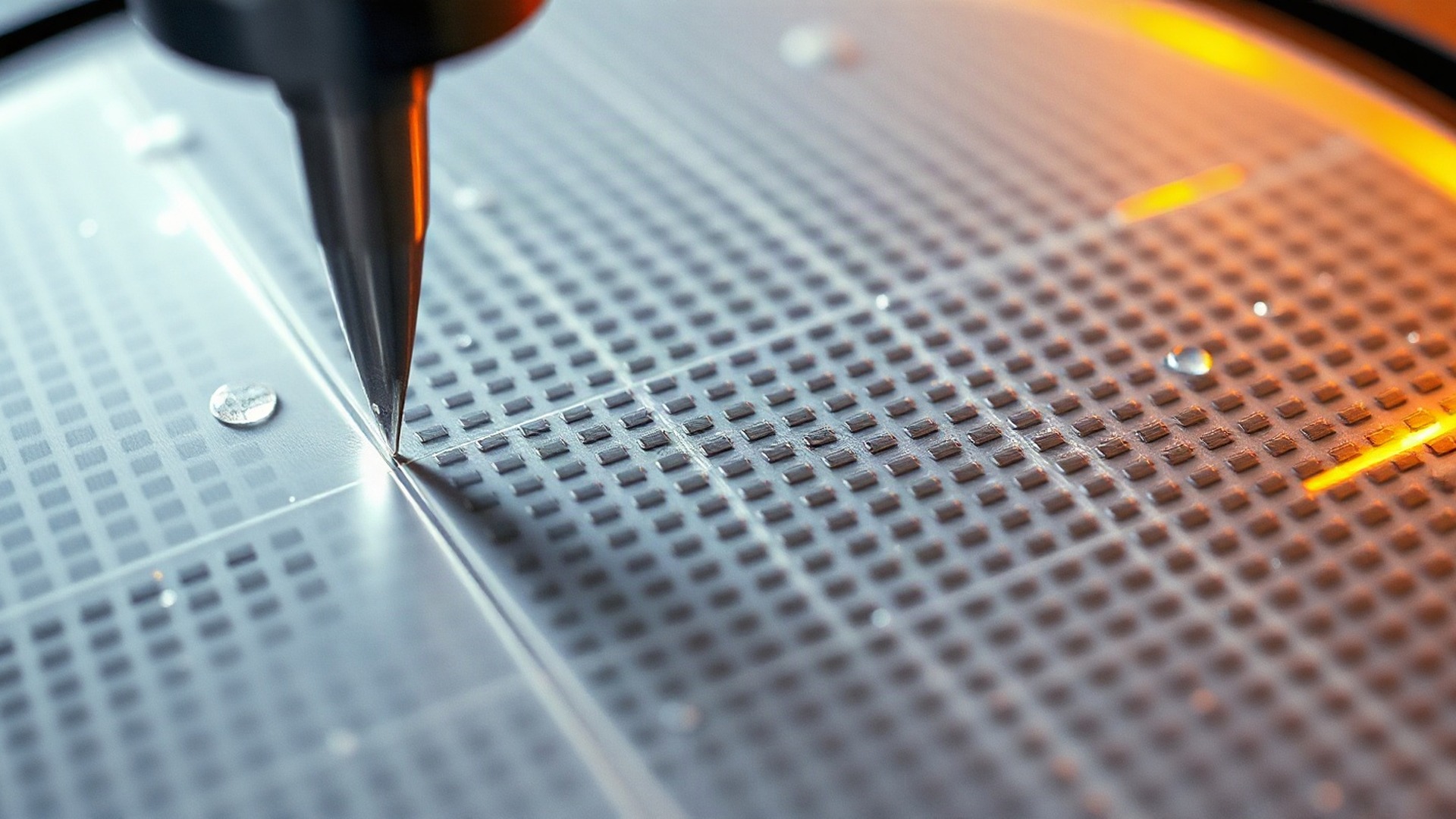 A macro view of a bare silicon memory wafer, its grid of thousands of identical dies crossed by droplets of dicing coolant under cool machine light and a warm amber wash. Micron is one of three companies that can supply the high-bandwidth memory stacked beside every AI accelerator. Photo: The Signal / AI-generated.