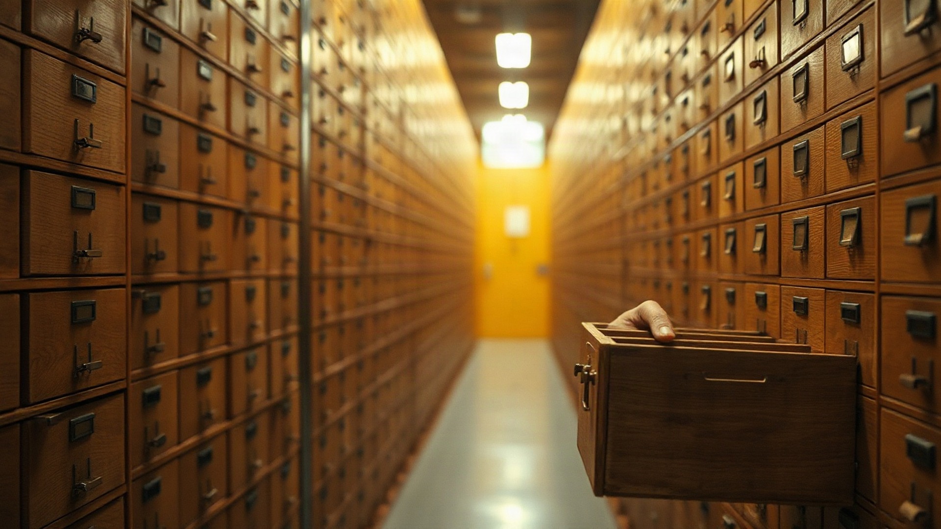 A vast hall of index-card catalog drawers, one pulled open by a hand under warm lamplight: the live drawer an application reads from, the operational layer MongoDB runs beneath AI products. Photo: The Signal / AI-generated.