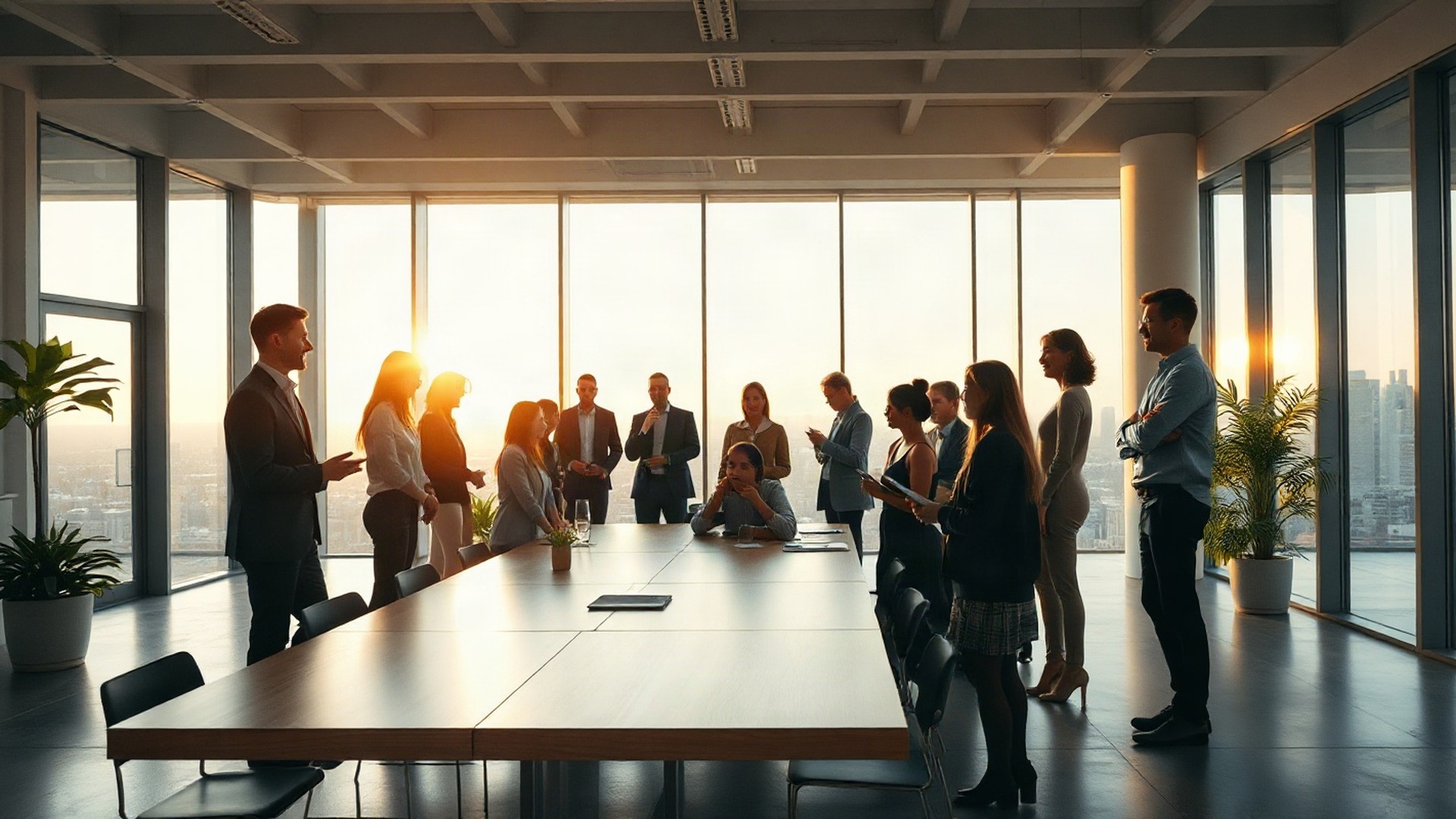 Golden-hour sunlight pours into a modern open-plan office where professionals collaborate near floor-to-ceiling windows. Photo: The Signal / AI-generated.