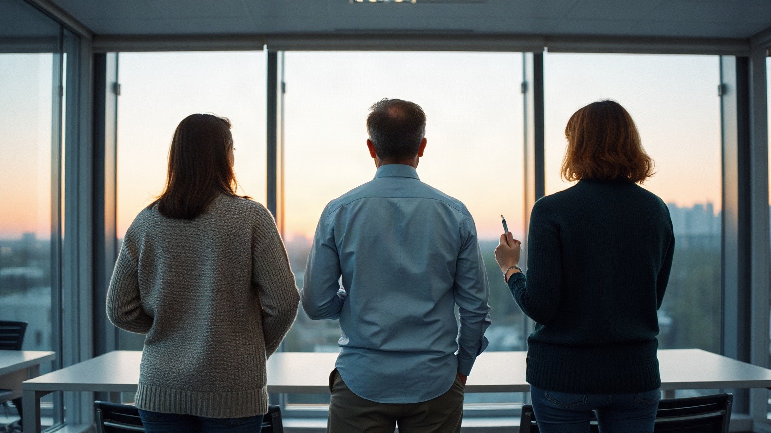 Three colleagues review a project at a shared desk against a dusk-lit window wall. Microsoft's Azure cloud is now roughly a third of company revenue, and Wednesday's report shows its dollar size for the first time. Photo: The Signal / AI-generated.