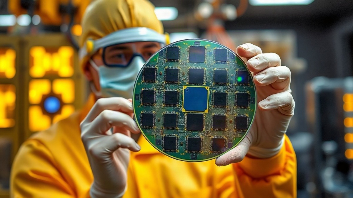 A semiconductor engineer in a yellow cleanroom suit holds a large silicon wafer with iridescent memory dies up to the light inside a chip-fab cleanroom. Photo: The Signal / AI-generated.