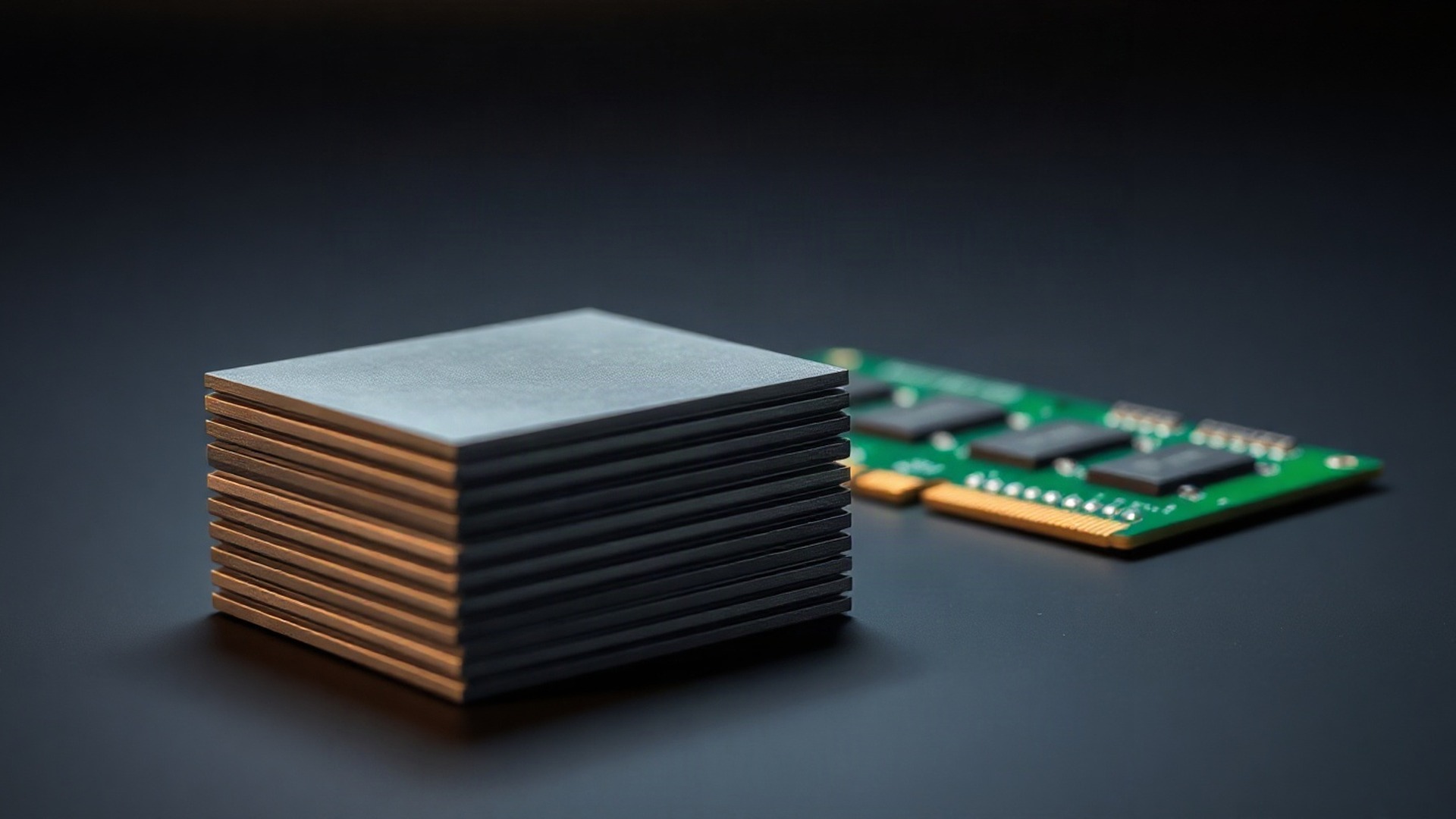 An extreme macro view of bare DRAM memory modules with gold contact fingers on a dark surface, with a stack of polished silicon memory dies standing in the foreground under cool blue light and warm amber rim highlights. Photo: The Signal / AI-generated.