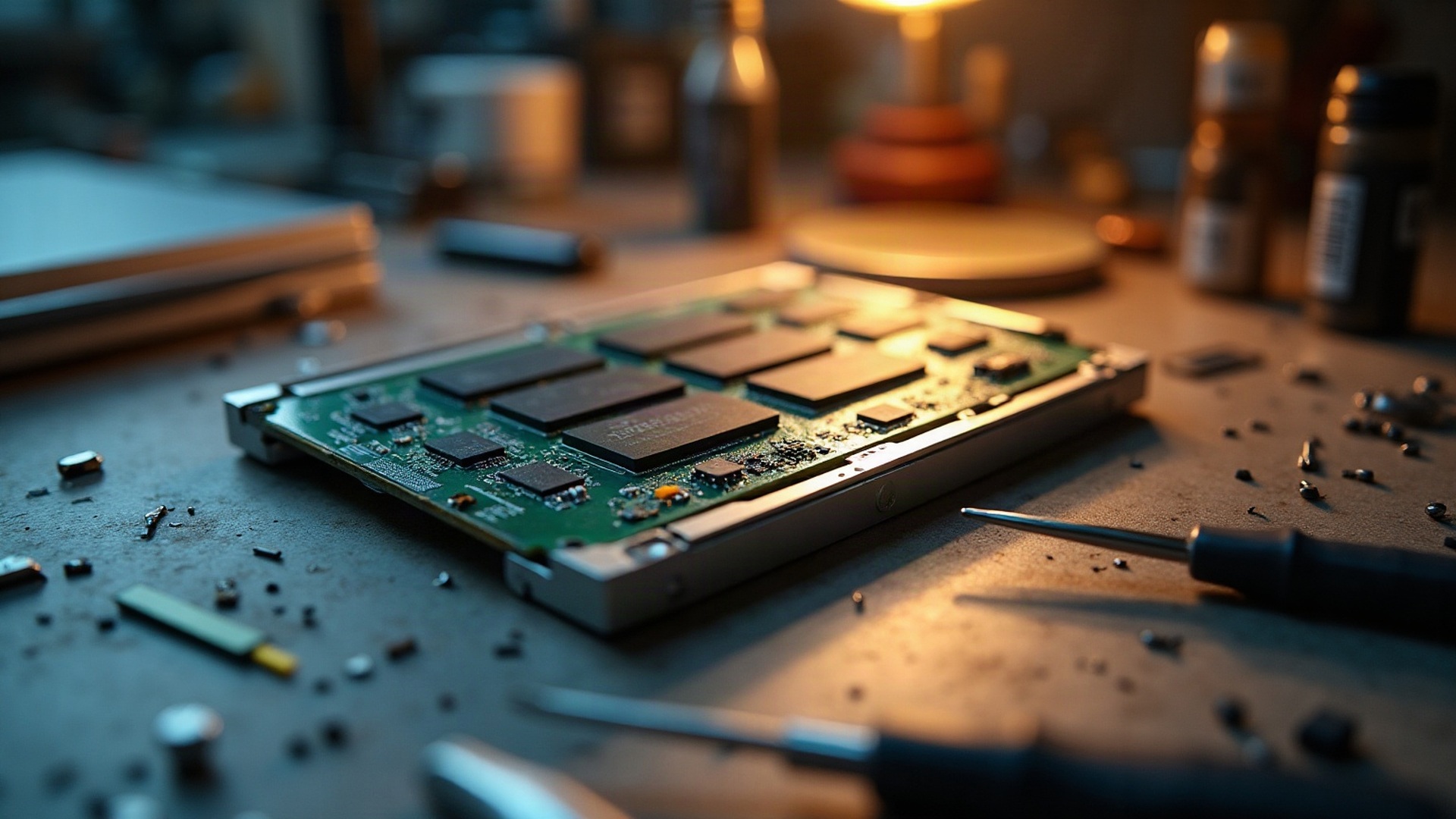 An opened solid-state drive on a repair bench, its bare NAND flash packages and controller exposed on the circuit board beside precision tweezers. The storage chip every AI answer eventually lands on. Photo: The Signal / AI-generated.