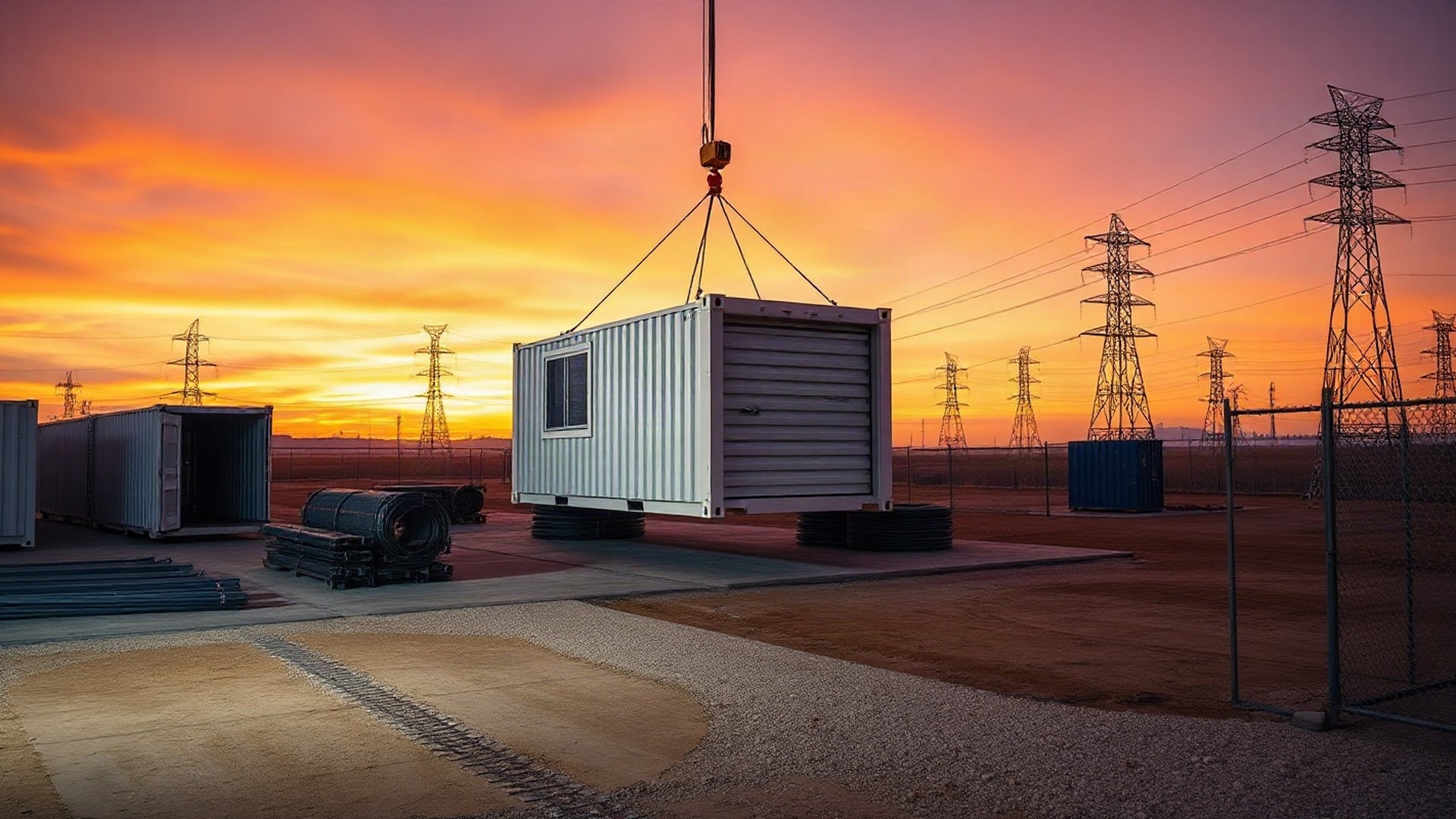 A containerized data-center module hangs from a crane above a fresh concrete pad at an industrial site at dusk, transmission pylons standing on the far horizon. Photo: The Signal / AI-generated.