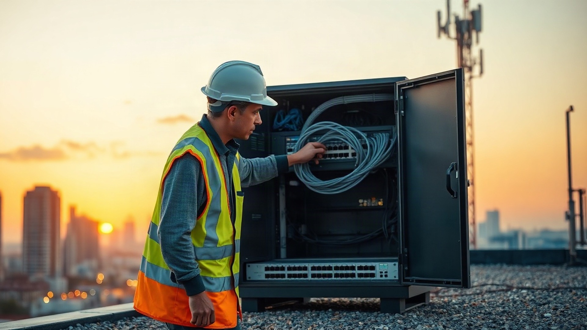 A network technician routes fiber-optic patch cables in an open rooftop equipment rack at dusk, city skyline blurred behind him. Photo: The Signal / AI-generated.