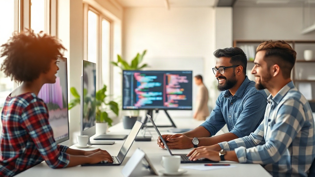 Developers collaborate around large monitors in a bright, sunlit open-plan office as one engineer points at a screen. Photo: The Signal / AI-generated.