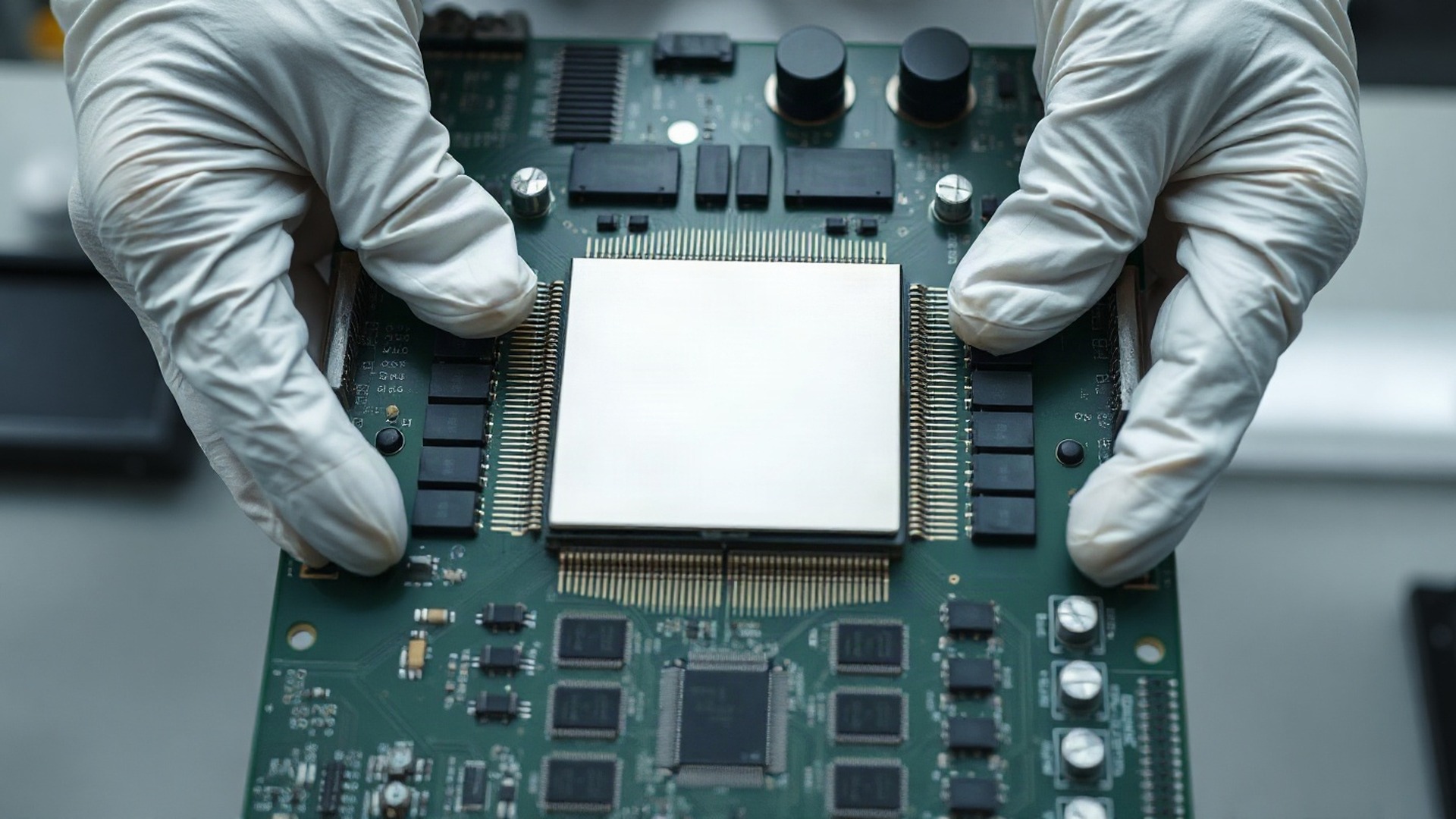 Two gloved hands hold an unmarked accelerator board over a wooden bench, the hardware every guarantee in this story depends on. Photo: The Signal / AI-generated.