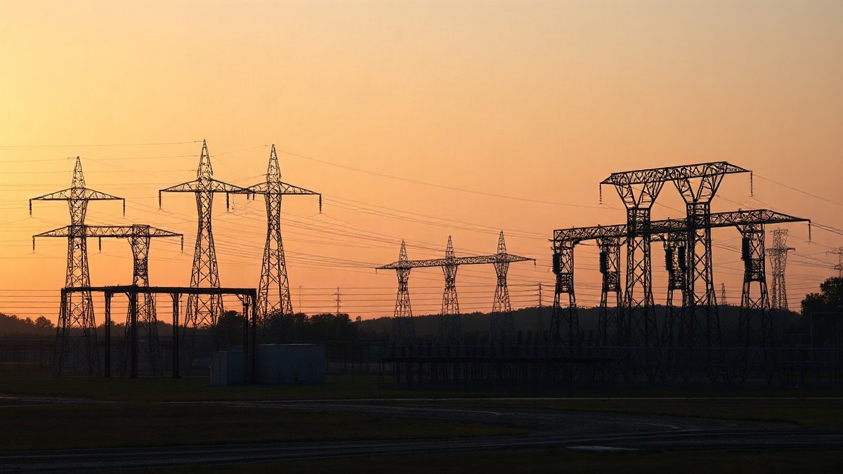 Lattice transmission towers carrying high-voltage lines out of a rural substation. Oklo's 750 MW Virginia project was pulled from PJM's interconnection study cycle in August and will not be ordered back in. Photo: The Signal / AI-generated.