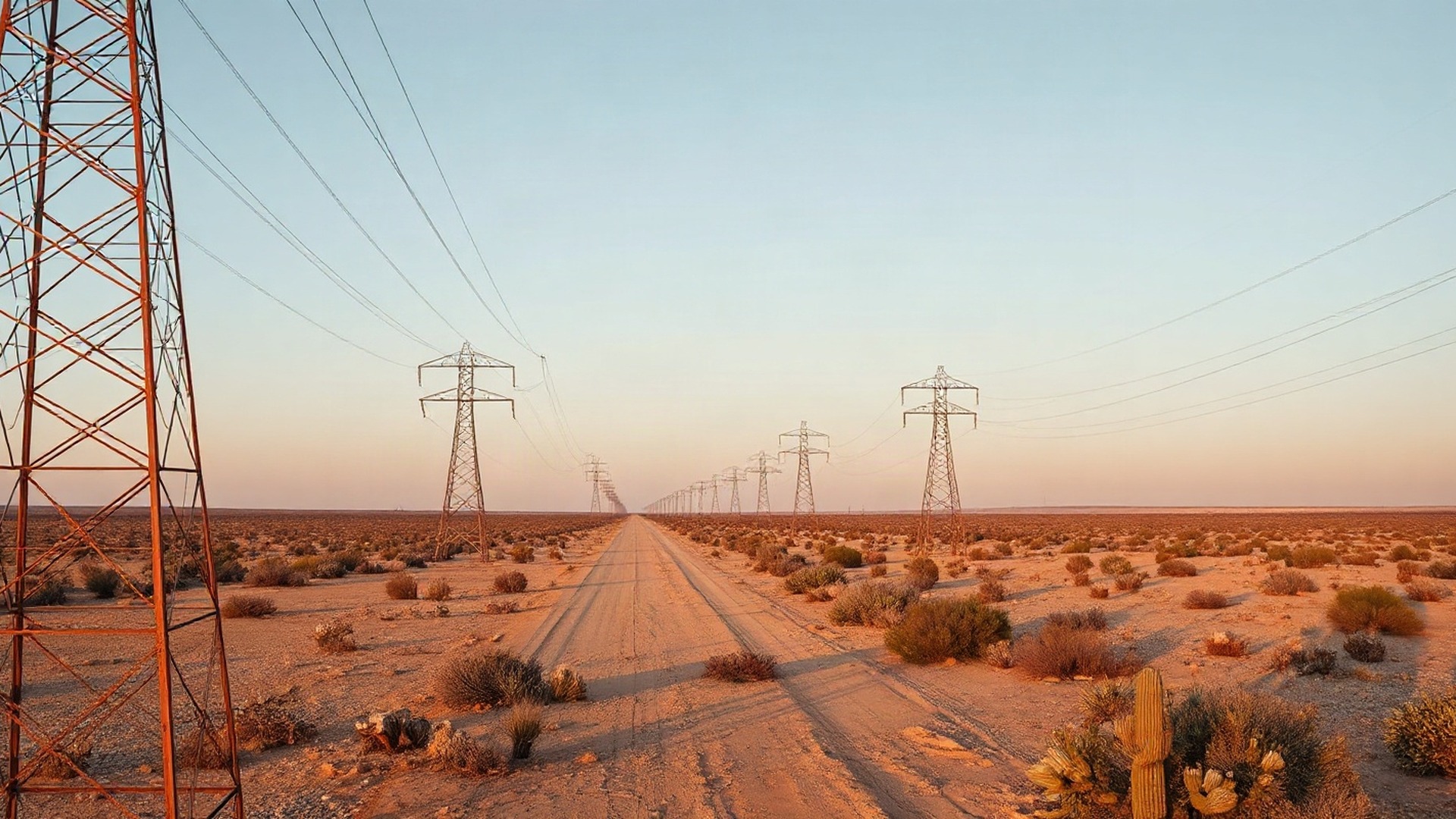 High-voltage transmission towers crossing high-desert scrubland at golden hour, with earthmoving equipment working a distant access road. Photo: The Signal / AI-generated.
