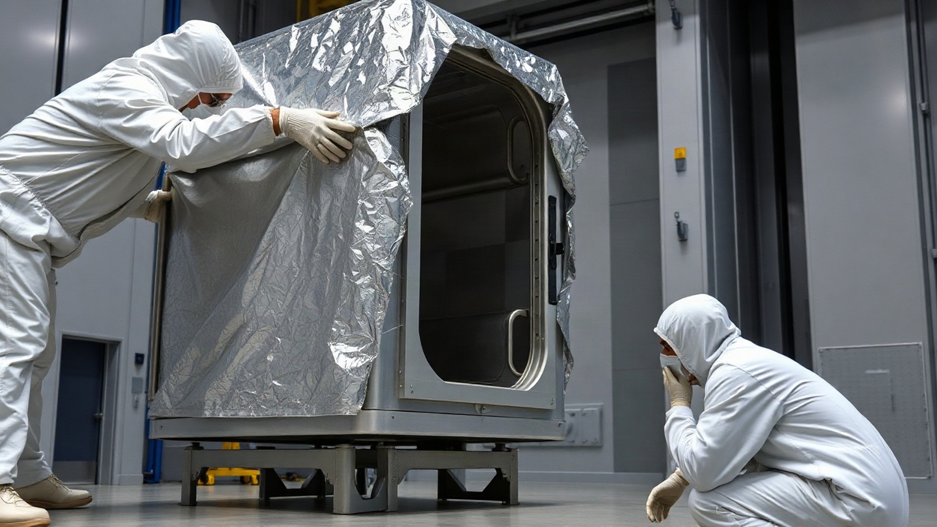 Two technicians in white cleanroom coveralls work over a refrigerator-sized satellite bus on a wheeled integration cart, its upper half still wrapped in crinkled silver thermal blanket, in a warm-lit satellite cleanroom high bay. Illustrative image, not an actual photo of Google's spacecraft. Photo: The Signal / AI-generated.