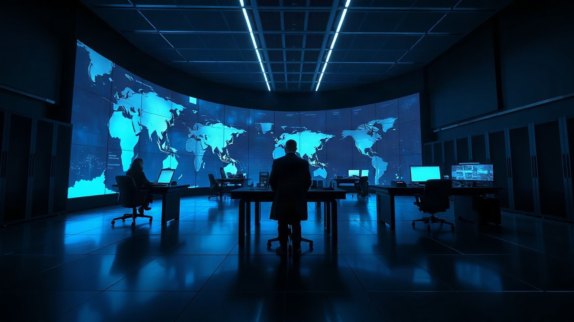Analysts work in a modern intelligence operations center with a large wall display showing global data maps. Photo: The Signal / AI-generated.