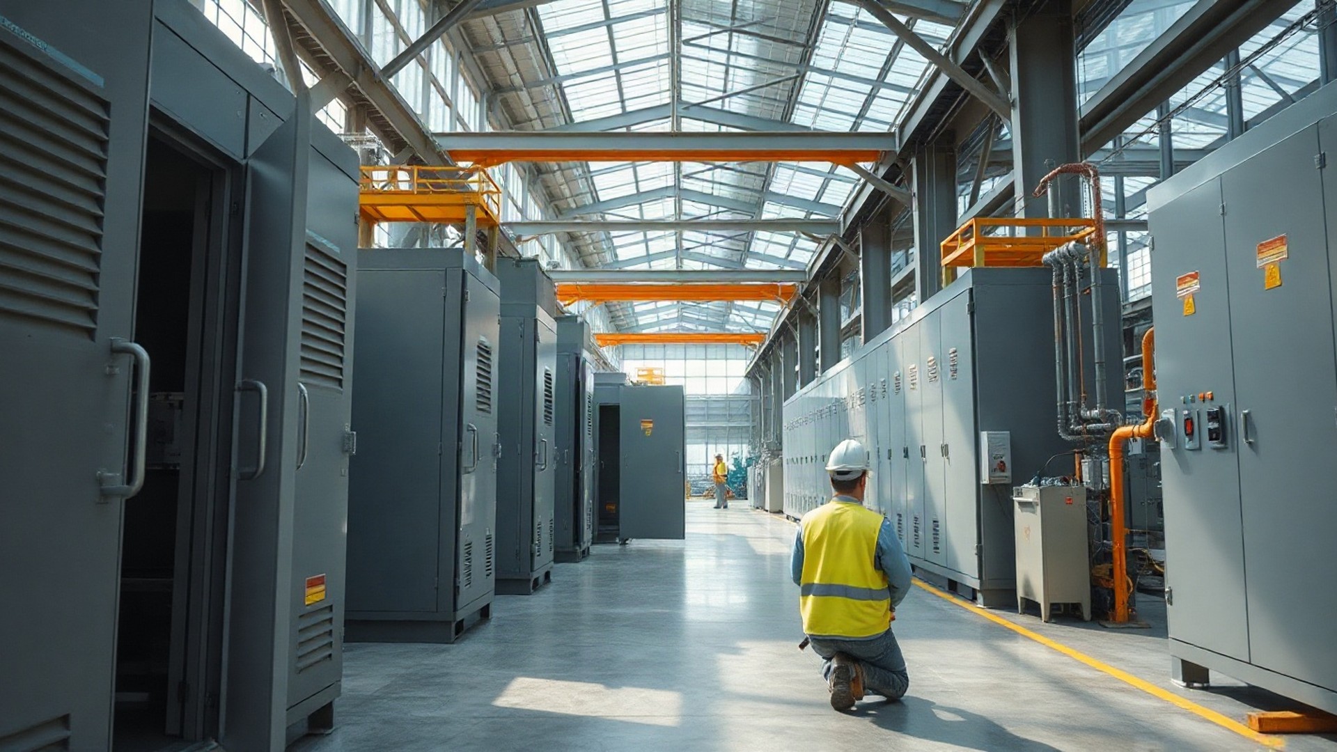 Technicians assemble heavy-duty medium-voltage electrical switchgear and steel power control enclosures inside an industrial manufacturing plant. Photo: The Signal / AI-generated.