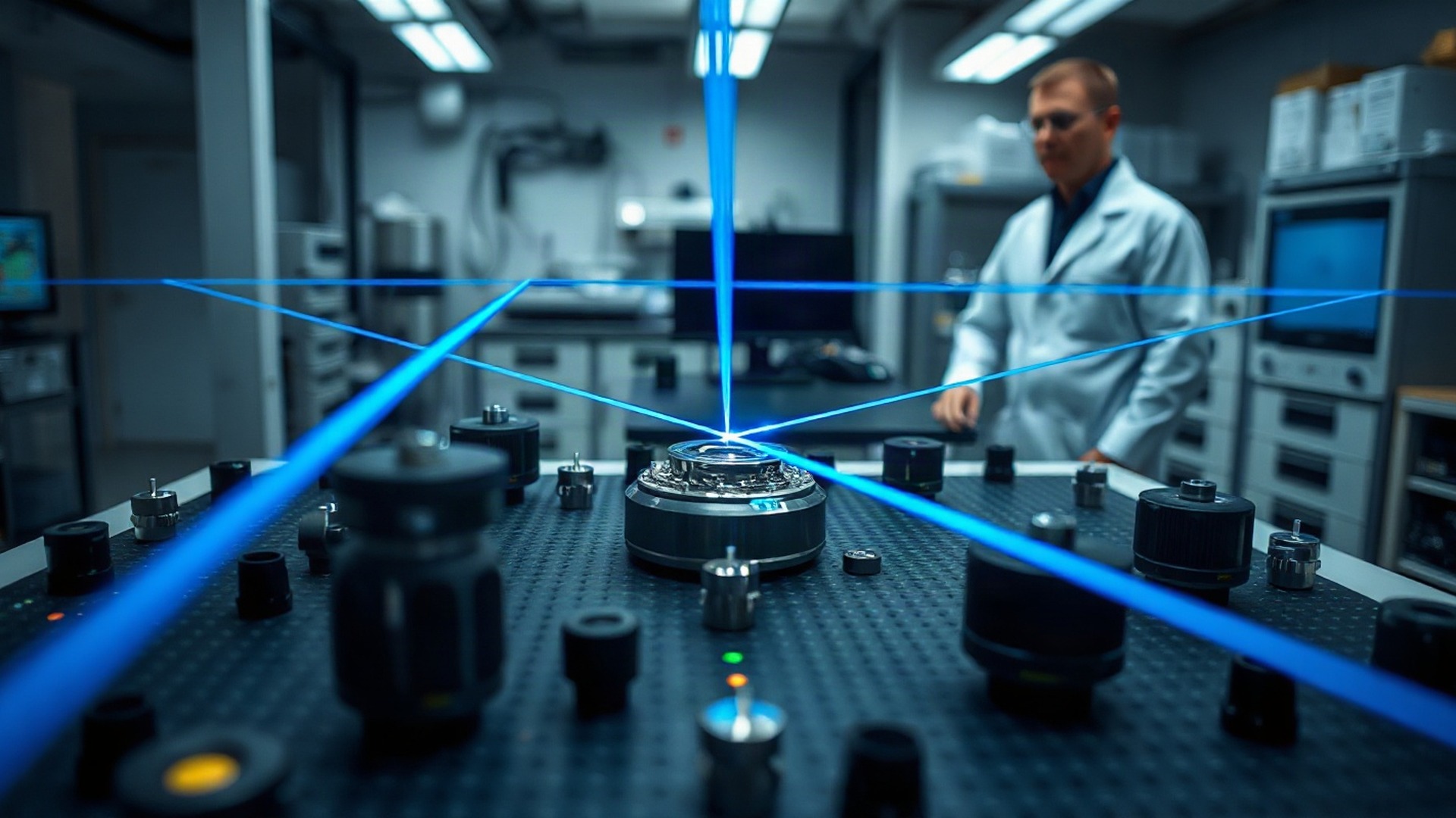A neutral-atom quantum optics laboratory: laser arrays converging on a vacuum chamber. Photo: The Signal / AI-generated.