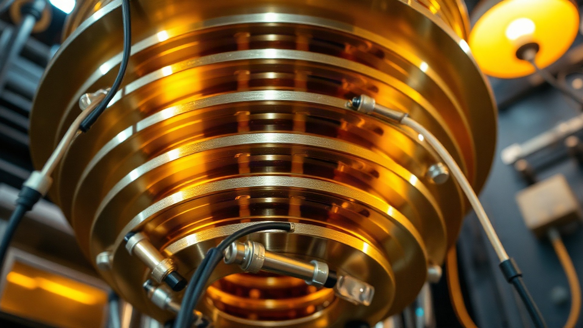 The gold-plated 'chandelier' of a cryogenic dilution refrigerator, where a superconducting quantum processor is cooled to within a fraction of a degree of absolute zero. Photo: The Signal / AI-generated.