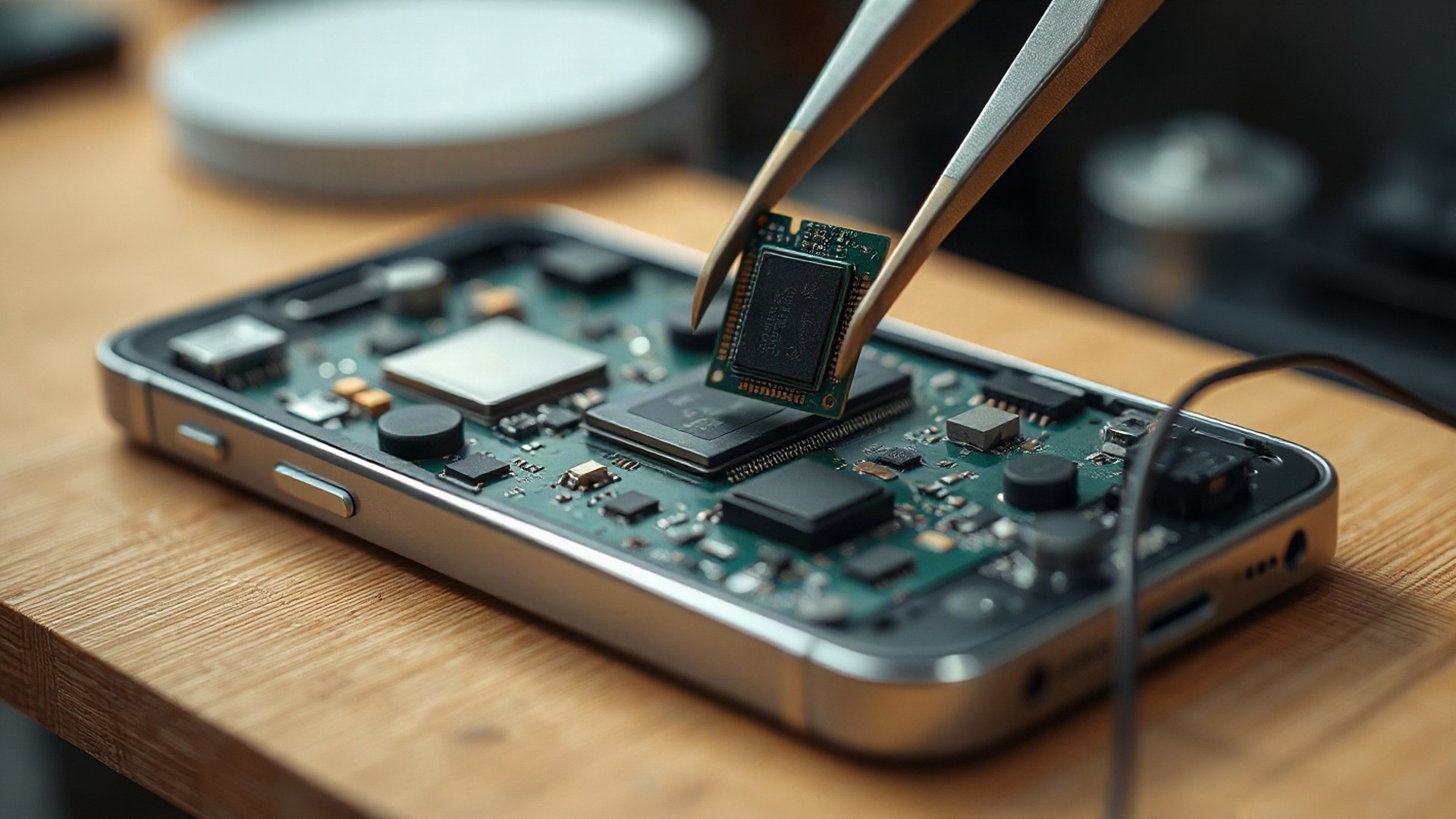 An opened smartphone on a repair bench with its application processor held in tweezers. A federal jury found on Oct. 13, 2026 that Arm breached its architecture license agreement with Qualcomm, awarding nominal damages of $2 while leaving the royalty question to the judge. Photo: The Signal / AI-generated.