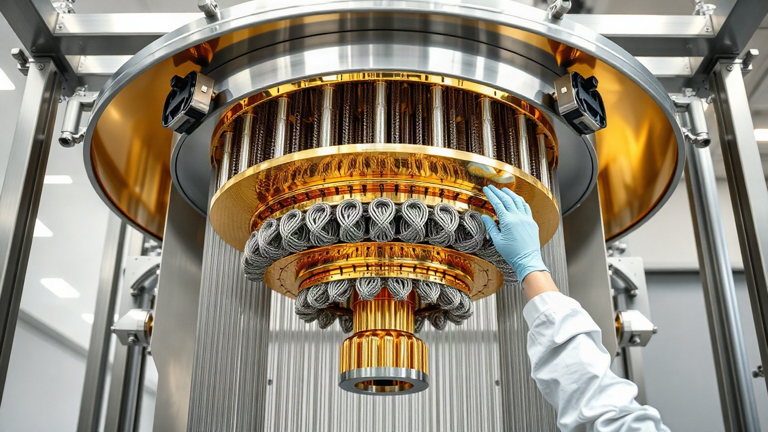 A gold-plated dilution refrigerator in a quantum computing laboratory. Rigetti's superconducting machines must be chilled to millikelvin temperatures to keep their qubits coherent. Photo: The Signal / AI-generated.