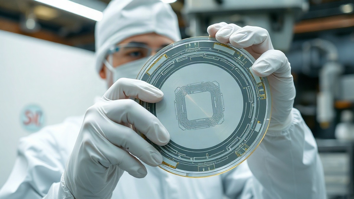 A gloved cleanroom engineer holds a silicon wafer — the canvas where the architecture war gets decided. Photo: The Signal / AI-generated.