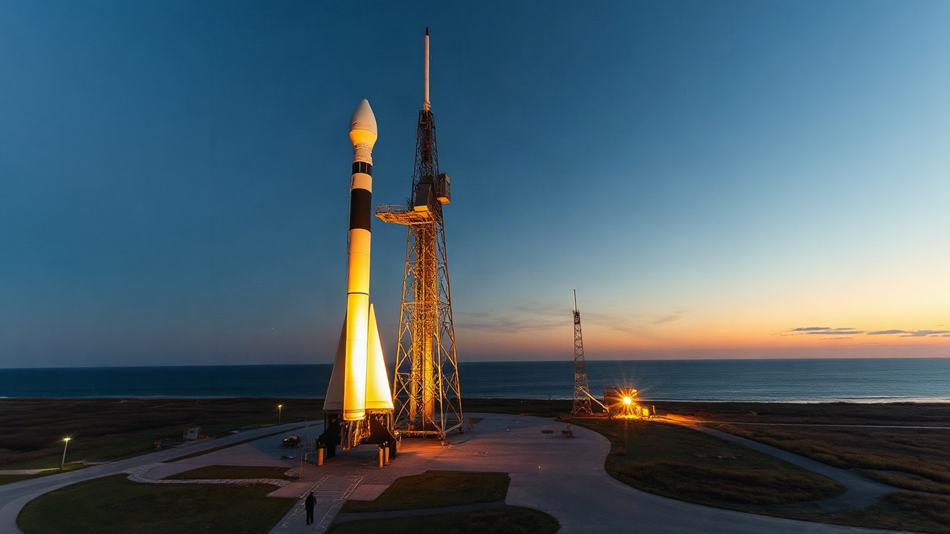 Rocket Lab's Neutron waits on the pad at Wallops — the vehicle that decides whether its full-stack space bet pays off. (The Signal / AI-generated)