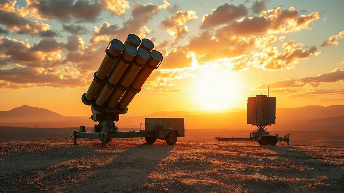 A photo-realistic view of a Patriot air-defense system battery — missile launcher and radar — on a desert hilltop at golden hour. Photo: The Signal / AI-generated.