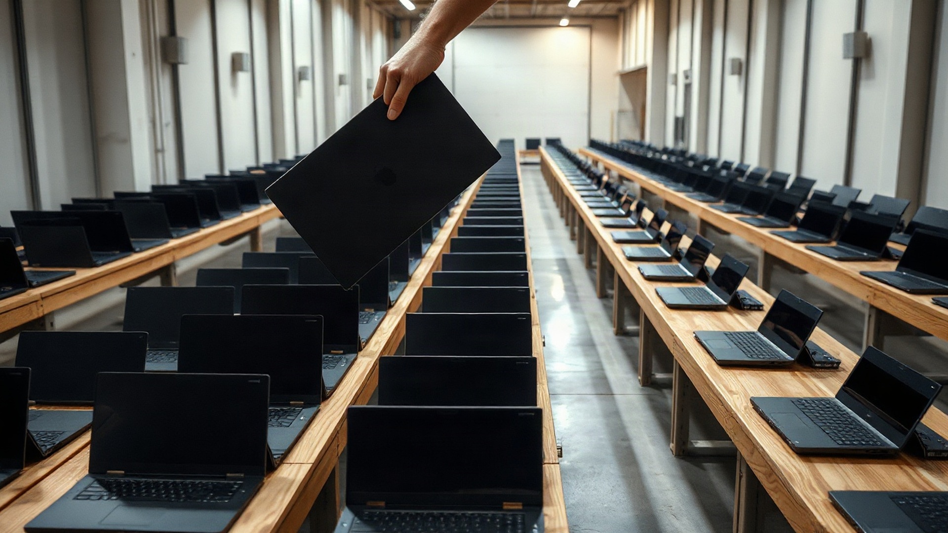 Rows of identical enterprise laptops wait on staging benches in a provisioning room as a technician lifts a single machine from the row. Photo: The Signal / AI-generated.