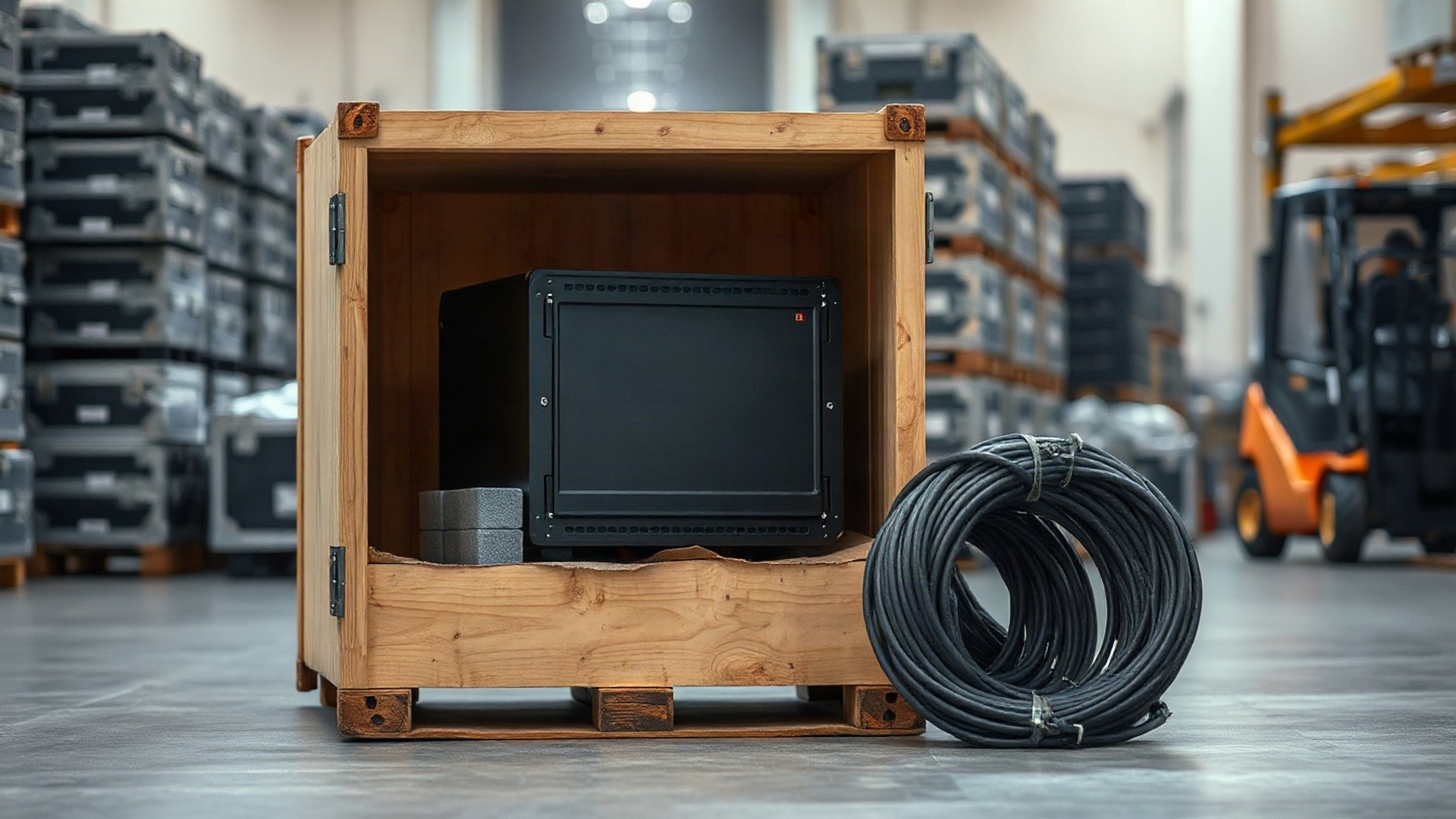 An open wooden export crate with a rack-mounted AI server chassis half-packed on foam padding in a shipping warehouse. An outside contractor tied to Super Micro pleaded guilty on Oct. 8, 2026 to conspiring to divert about $2.5 billion of Nvidia-powered AI servers to China. Photo: The Signal / AI-generated.