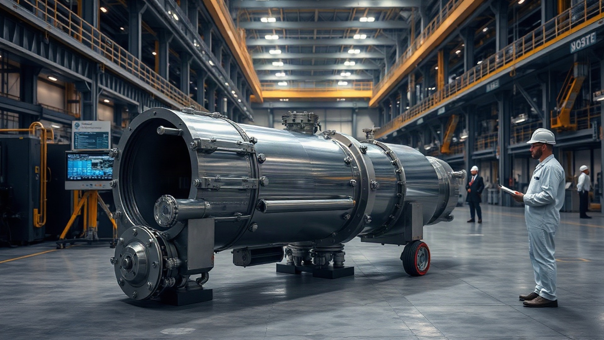Precision manufacturing of an advanced small modular reactor pressure vessel module inside an industrial engineering facility. Photo: The Signal / AI-generated.