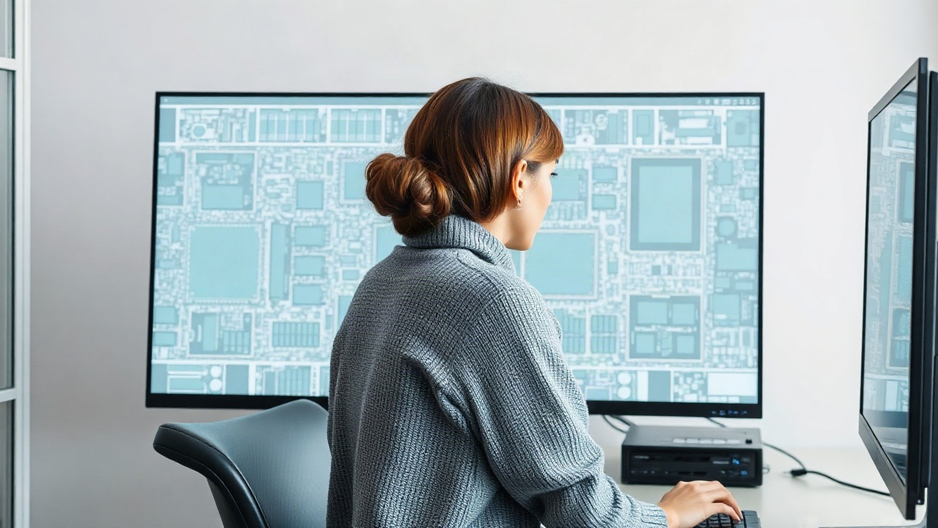 A semiconductor design engineer sits at a monitor showing a chip floorplan layout, hands on the keyboard, in a modern office. Photo: The Signal / AI-generated.