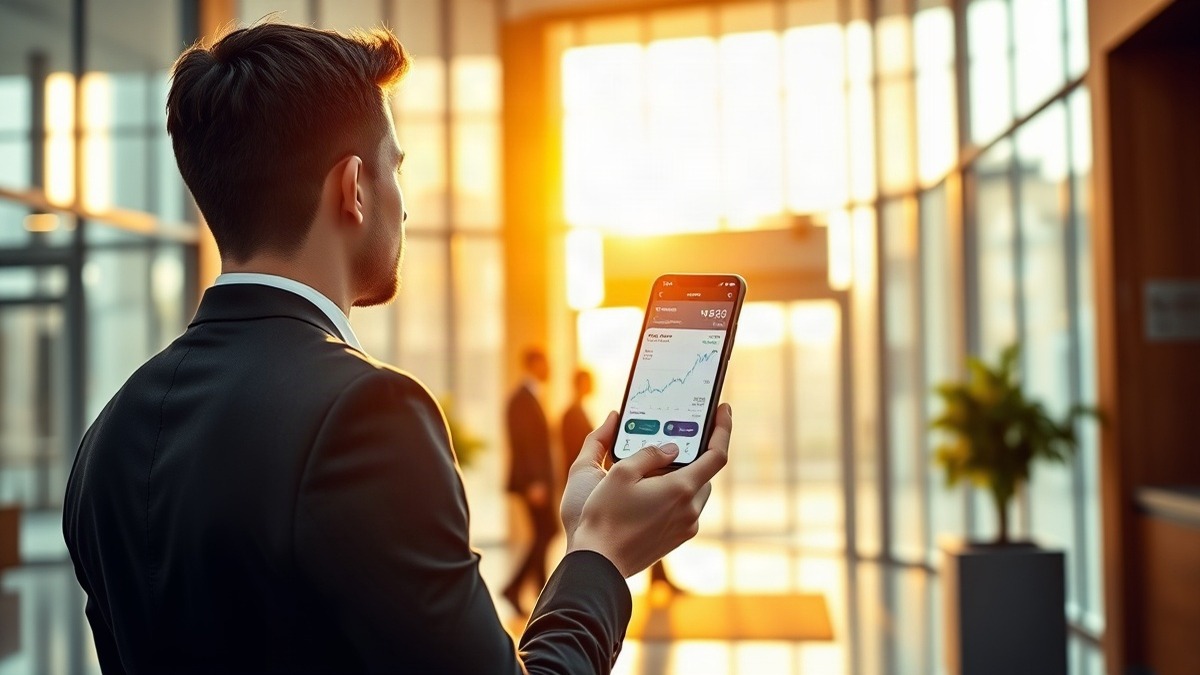 A young professional in a sunlit modern bank lobby checks her finance app. Photo: The Signal / AI-generated.