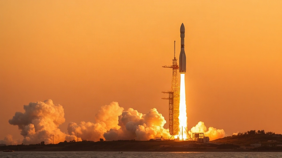 A photo-realistic reusable rocket lifting off at dawn. Photo: The Signal / AI-generated.