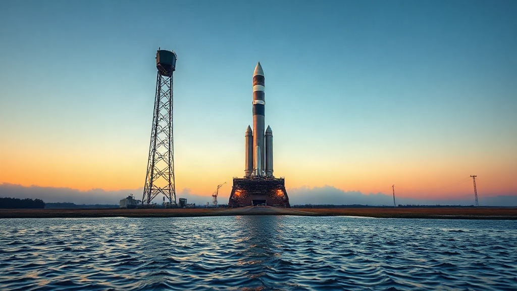 A giant stainless-steel Starship stands on its orbital launch pad in Boca Chica, Texas at first light, the launch tower and fog-bound Gulf-coast marshland framing the vehicle. Starship reached orbit for the first time on Sept. 28, 2026, deploying 26 next-generation Starlink satellites. Photo: The Signal / AI-generated.