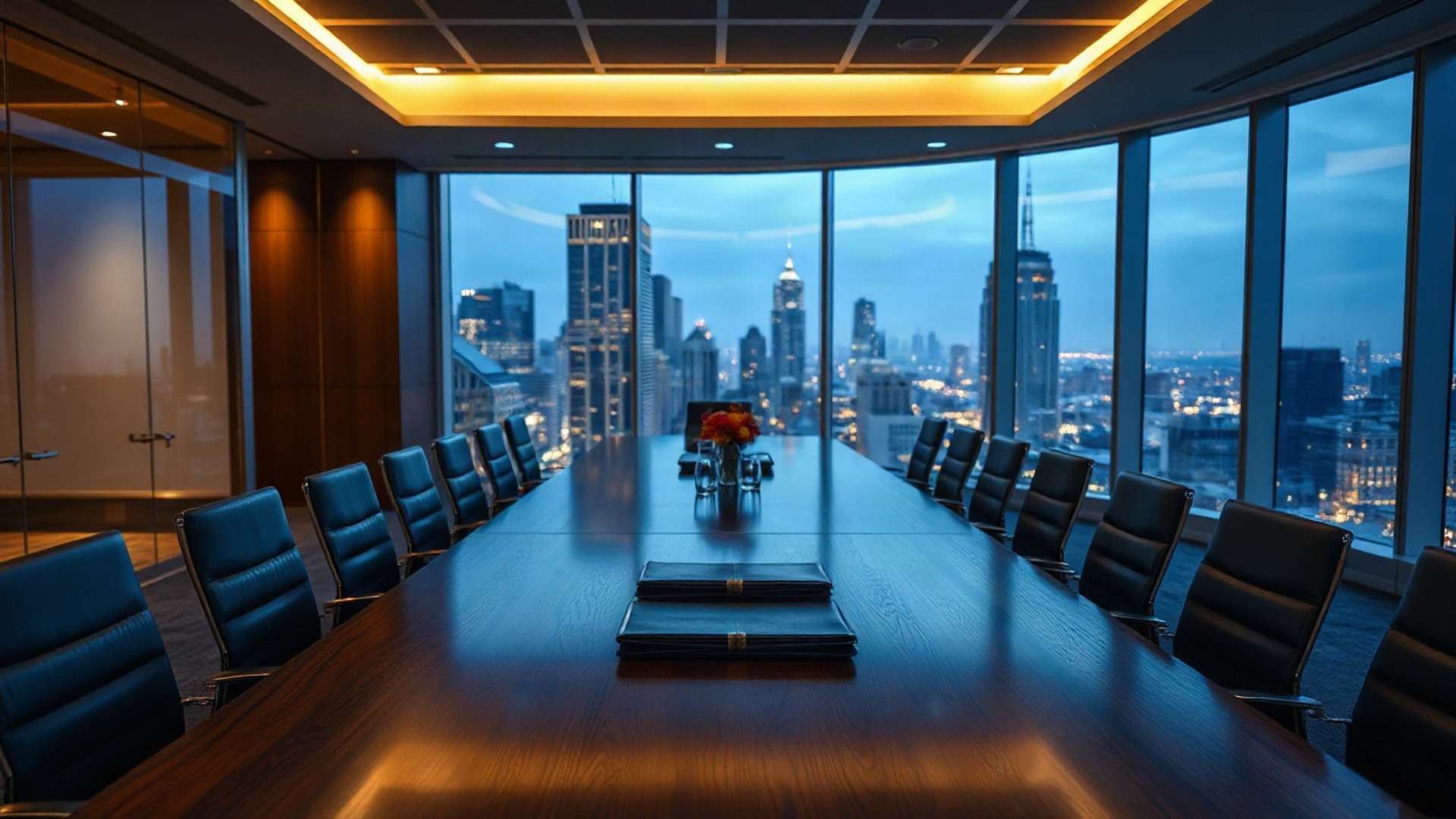 An empty executive boardroom on a high floor overlooking a financial district at dusk. Photo: The Signal / AI-generated.