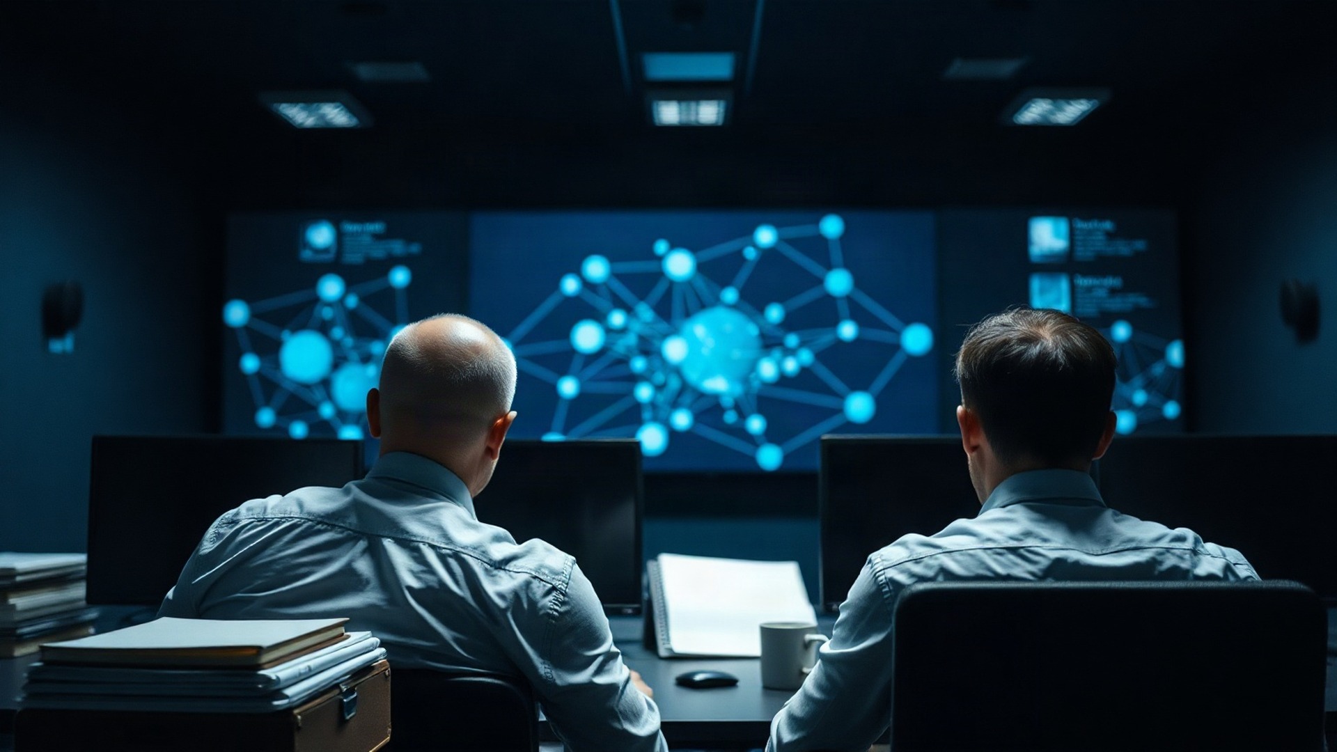 Two analysts work the exposure list in a security operations centre, a wall-sized network map behind them. Photo: The Signal / AI-generated.